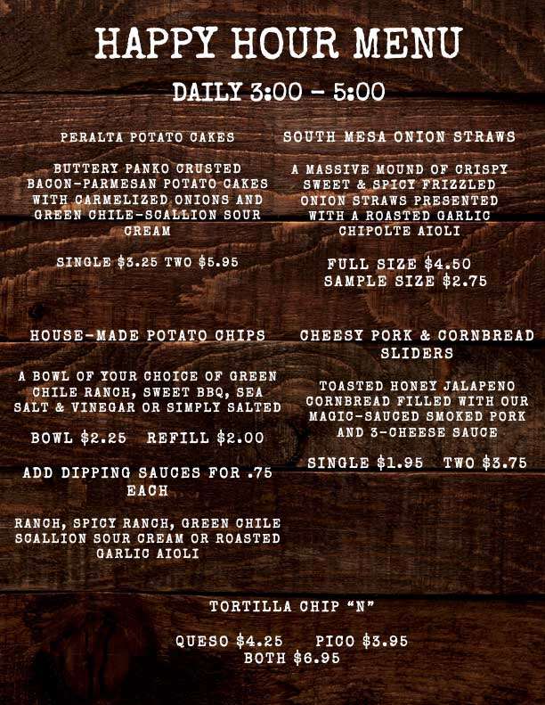 Happy hour menu at Gregs BBQ
